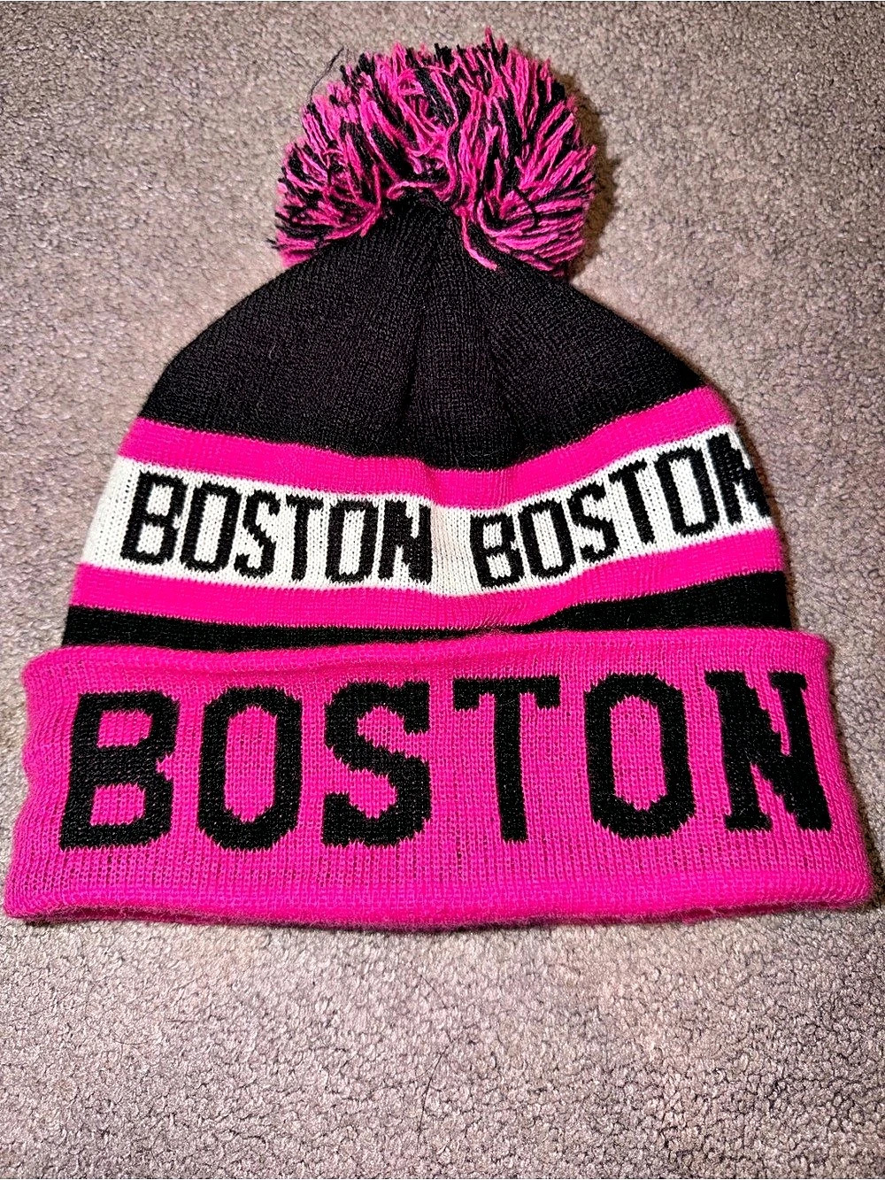 Boston Pink & Black Pom Beanie